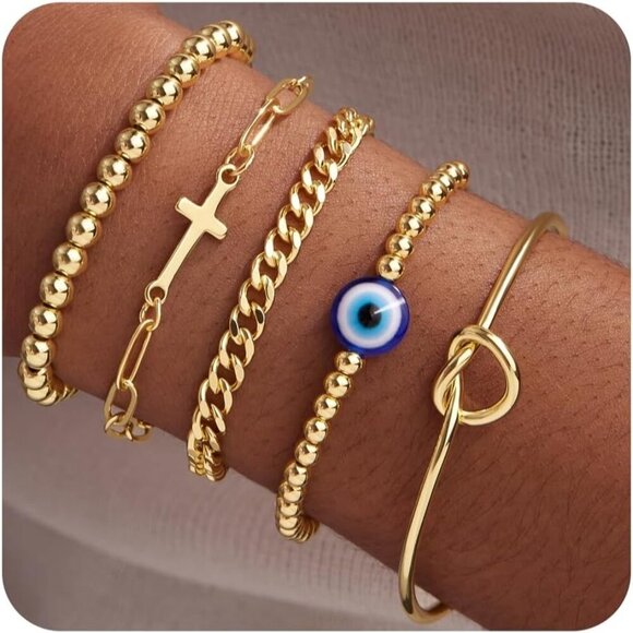 Gold-Style 06 Dainty Stack Beaded, Cross,Snake Bracelets Jewelry Gifts for Women - Picture 1 of 9